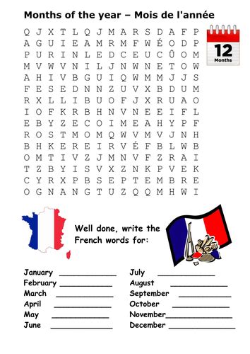 Months Of The Year In French Word Search By Sfy773 Teaching Resources