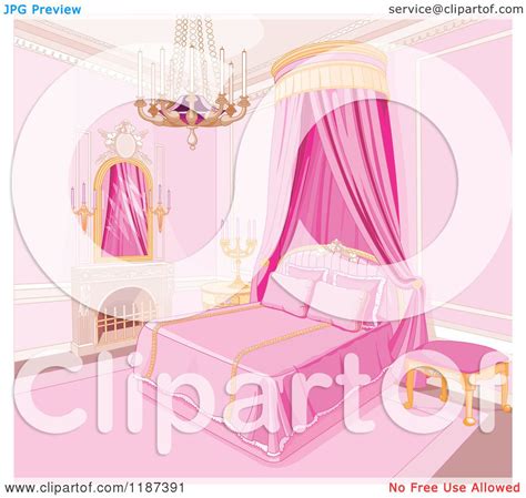 Cartoon Of A Pink Princess Bedroom With A Fireplace Chandelier And Bed