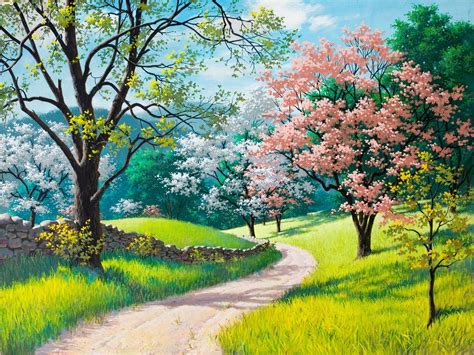 Wallpaper Beautiful Painting Spring Blossoms Trees Grass Road