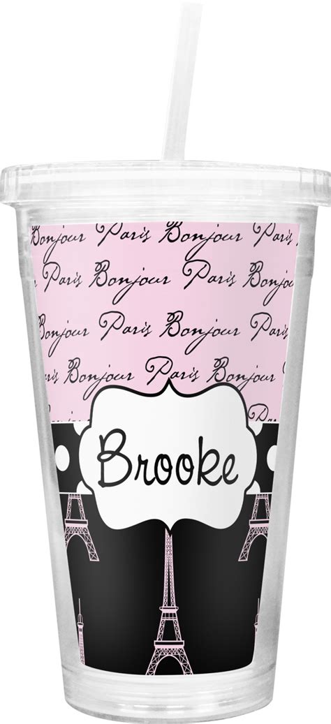 Custom Paris Bonjour And Eiffel Tower Double Wall Tumbler With Straw