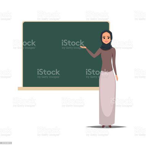 Junge Arabische Lehrerin Mit Hijab Zeigt Auf Die Tafel Im Klassenzimmer