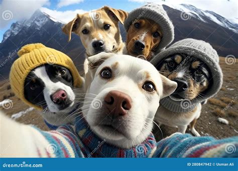 Dogs Selfie Squad: Dogs Rocking Cat Sweaters with Snowy Mountain