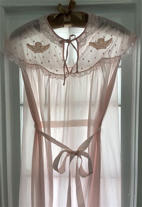 vintage 50s 60s sheer nylon nightgown pink cherubs mo… gem