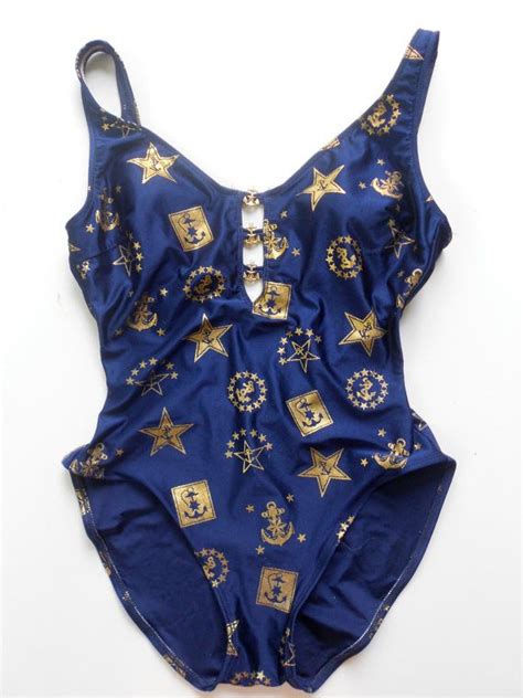 80s90s Nautical Swimsuit Anchor Star Print Onepiece Bathing Etsy