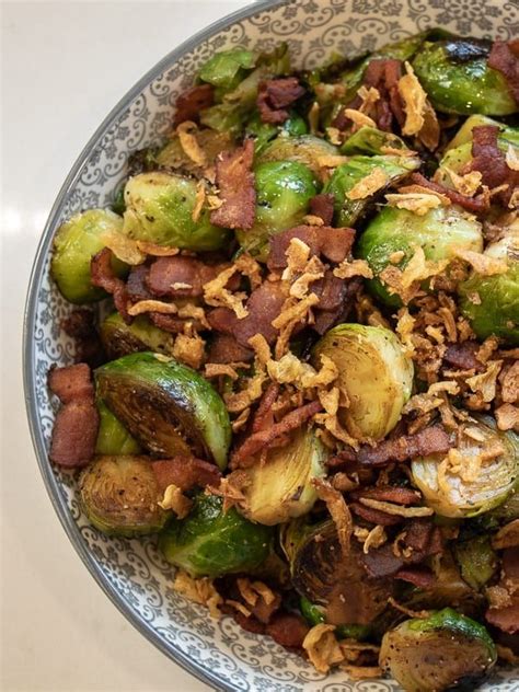Top with the finished caponata. Pan seared brussels sprouts with crumbled bacon and crispy ...