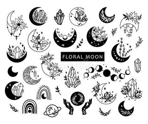 Mystical Boho Floral Moon Isolated Cliparts Bundle Celestial