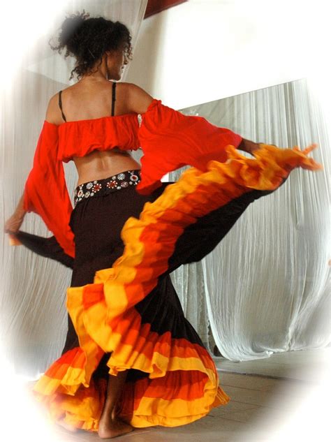 belly dance costume set rosita black flamenco gypsy style skirt with red orange yellow bands and
