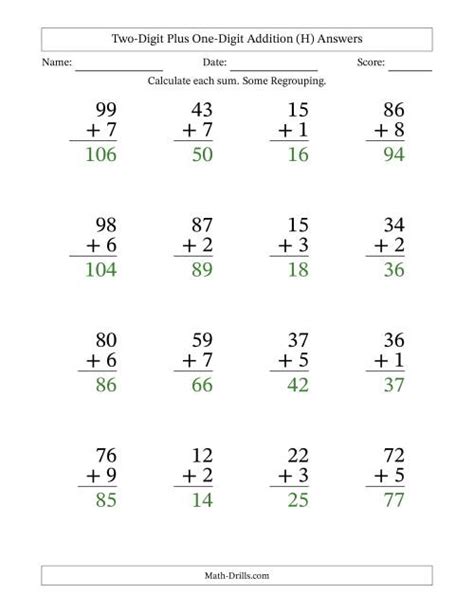 Large Print 2 Digit Plus 1 Digit Addition With Some Regrouping H