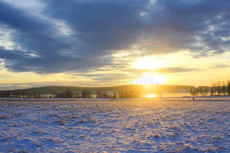Sunset In Winter With Snowy Fields Stock Photo Image Of Frost Lake