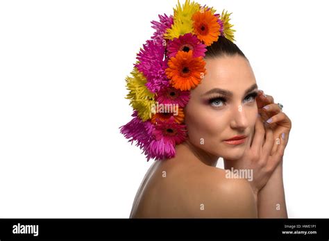 Beautiful Topless Woman With Fresh Flowers On Her Head Stock Photo Alamy