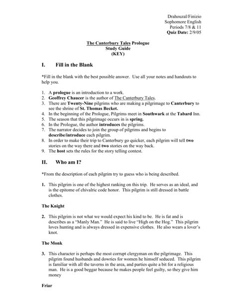 General Prologue To The Canterbury Tales Study Questions Answers