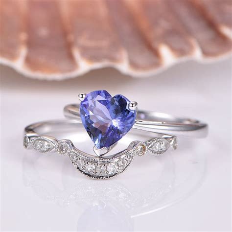 Natural Tanzanite Engagement Ring Set Solid 14k White Gold If Blue Aaa