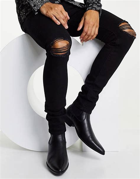 asos design cuban heel western chelsea boots in black faux leather black asos