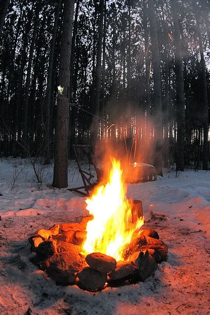 A Campfire In The Middle Of A Snowy Area With Trees And Snow Around It