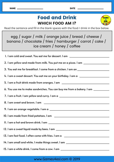 An Esl Worksheet To Review Food Vocabulary With Beginner English