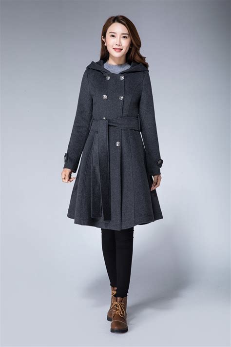 Belted Wool Coat Hooded Coat Double Breasted Grey Military Etsy
