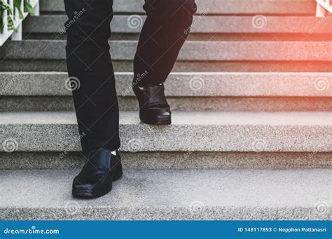 Businessman Legs Walking Up The Stairs Stock Image Image Of Level