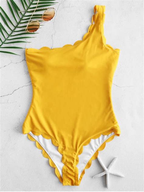 22 Off 2021 Zaful Scalloped One Shoulder One Piece Swimsuit In
