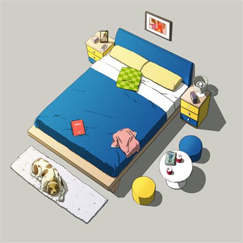 Safebooru Alarm Clock Animal Bed Bed Sheet Bedroom Beige Background
