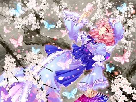 Butterfly Cherry Blossoms Fan Flowers Saigyouji Yuyuko Touhou