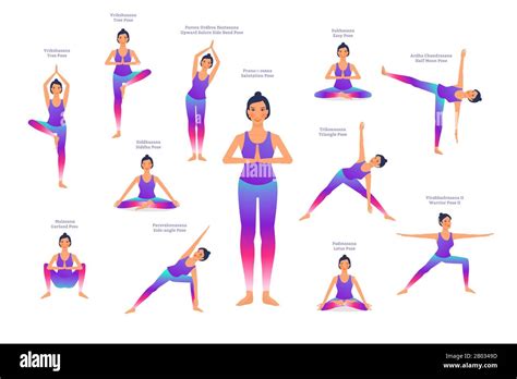 Set Of Woman In Different Yoga Poses Names Of Asanas Text Flat Style
