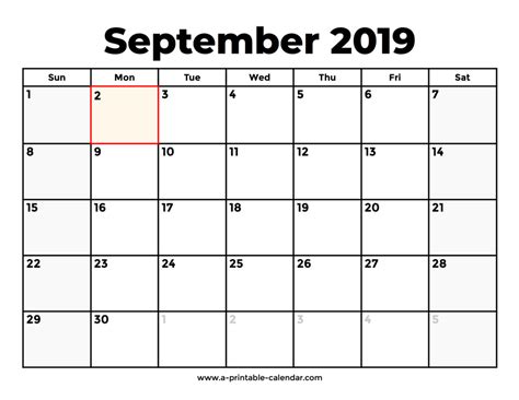 September 2019 Calendar With Holidays Printable Calendar 2019