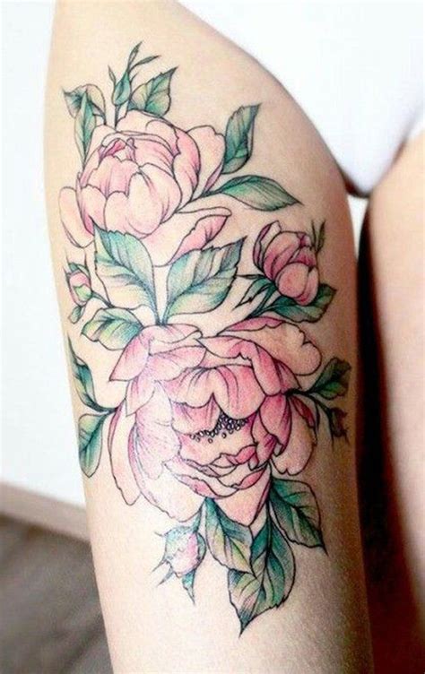 beautiful watercolor pink peony thigh tattoo ideas