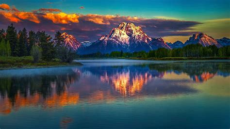 Grand Tetons At Sunset Forest Wyoming Usa Trees Reflection Clouds