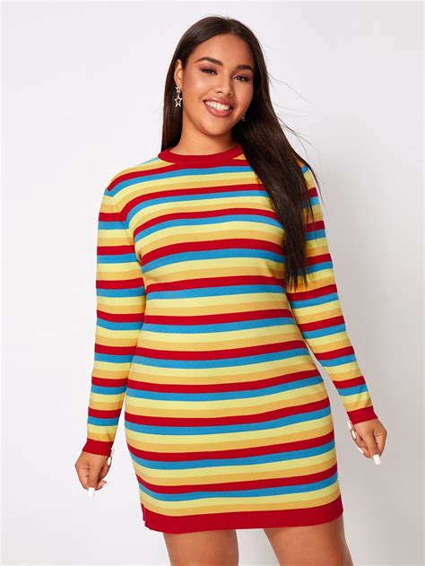 Plus Colorful Striped Round Neck Sweater Dress Check Out This Plus