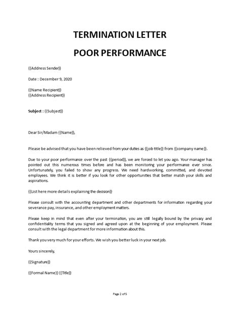 Sample Termination Letter To Employee For Poor Performance
