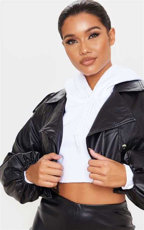 Black Faux Leather Crop Biker Jacket Prettylittlething Ksa