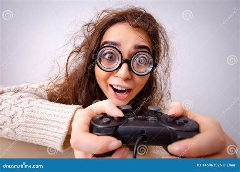 The Funny Nerd Girl Working On Computer Stock Photo Image Of Addicted