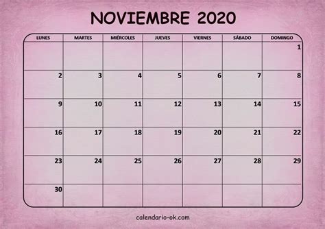 Plantilla Noviembre 2020 Rosa Noviembre Calendario Noviembre Meses