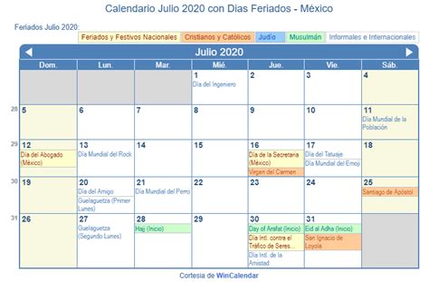 Calendario Julio 2020 Para Imprimir México
