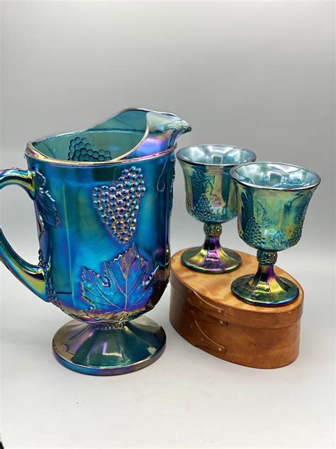 Blue Carnaval Glass Pitcher And Goblet Set Indiana Iridescent Etsy
