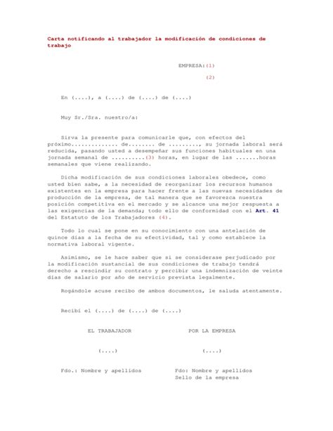Carta Notificando Al Trabajador La Modificación De Condiciones De