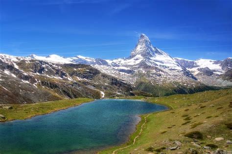 Alps Peak Matterhorn And Stellisee Lake Switzerland Stock Image