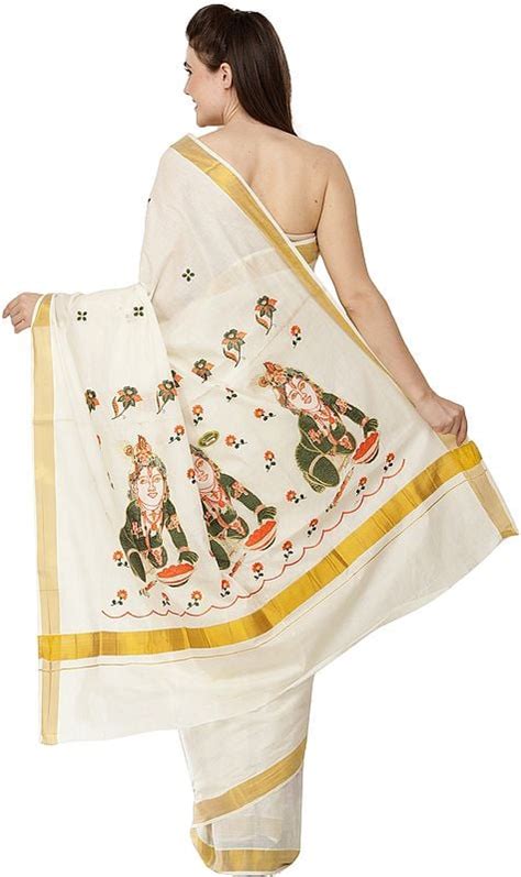 Ivory Kasavu Sari From Kerala With Embroidered Krishna Baal Gopal And Golden Border Exotic