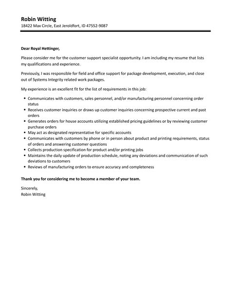 Customer Support Specialist Cover Letter Velvet Jobs