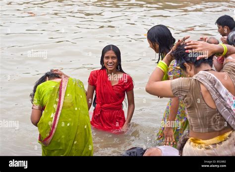 Bathing In Holy Ganges River Varanasi India Stock Photo Alamy