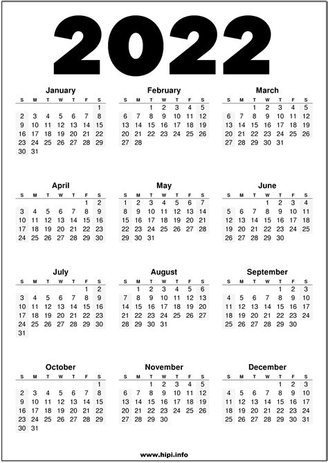 2022 Printable Us Calendar Black And White