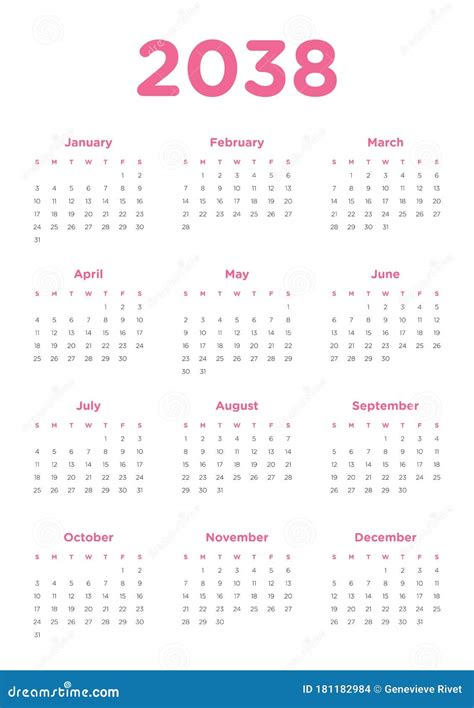 Annual Calendar For 2038 Stock Vector Illustration Of Week 181182984