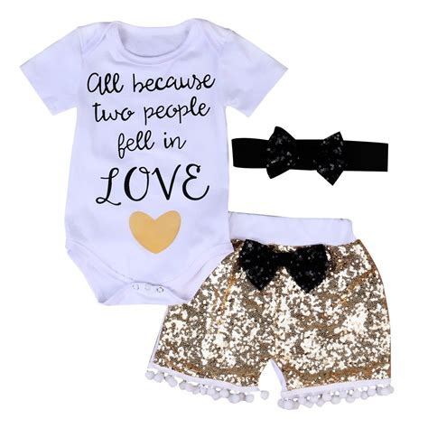 3pcs Baby Girl Clothing Set Summer Short Sleeve Tops Bodysuits Sequin