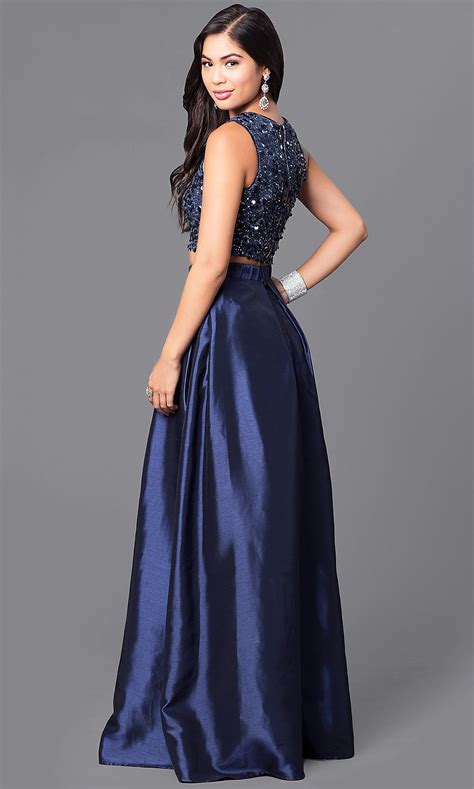 Navy Blue Two Piece Sequined Prom Dress Promgirl