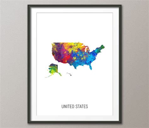 United States Map Watercolour Art Print Poster Colour Black Etsy