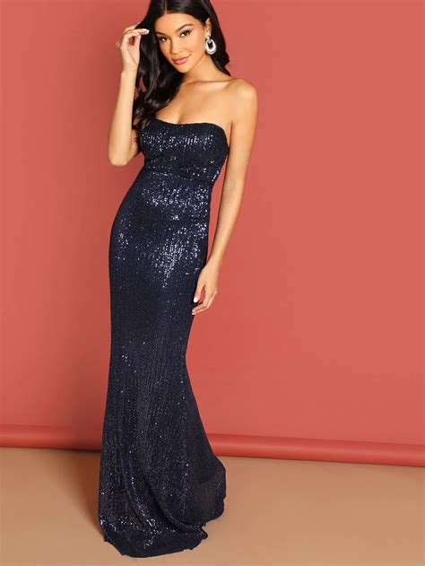 Navy Blue Long Strapless Sequin Dress Bodycon Prom Dresses Evening