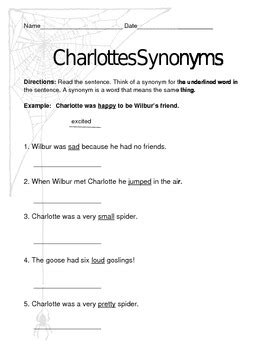 See more ideas about charlottes web activities, charlottes web, web activity. Charlotte's Web Worksheet: Synonyms by One Little Monkey | TpT