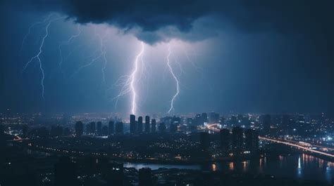 Premium Photo Lightning Storm Over City In Blue Light Thunder Storm