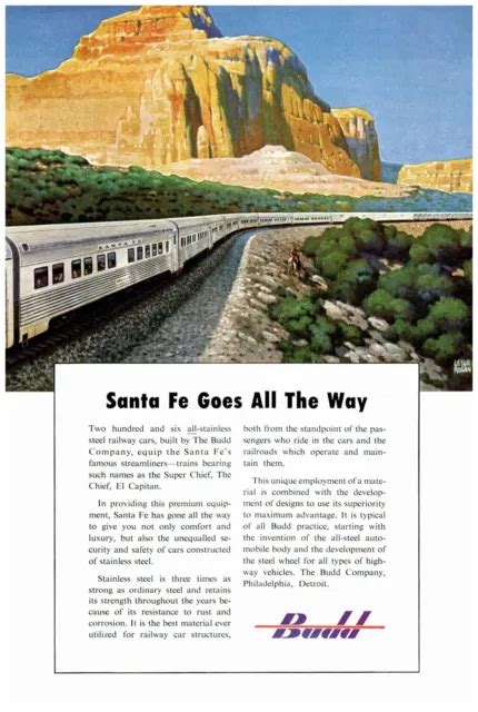 Budd Rail Cars Santa Fe Railroad South West Imagery Color 1950 Print Ad