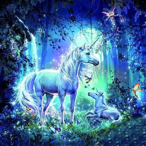 Two Unicorns In The Forest With Butterflies